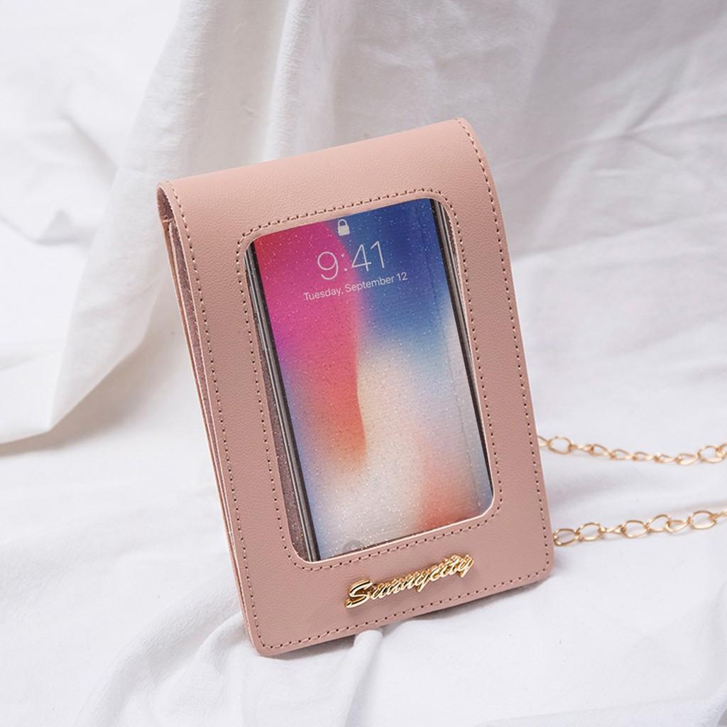Mini Mobile Phone Bag With Back Side Clear Touching Screen Leather Bag