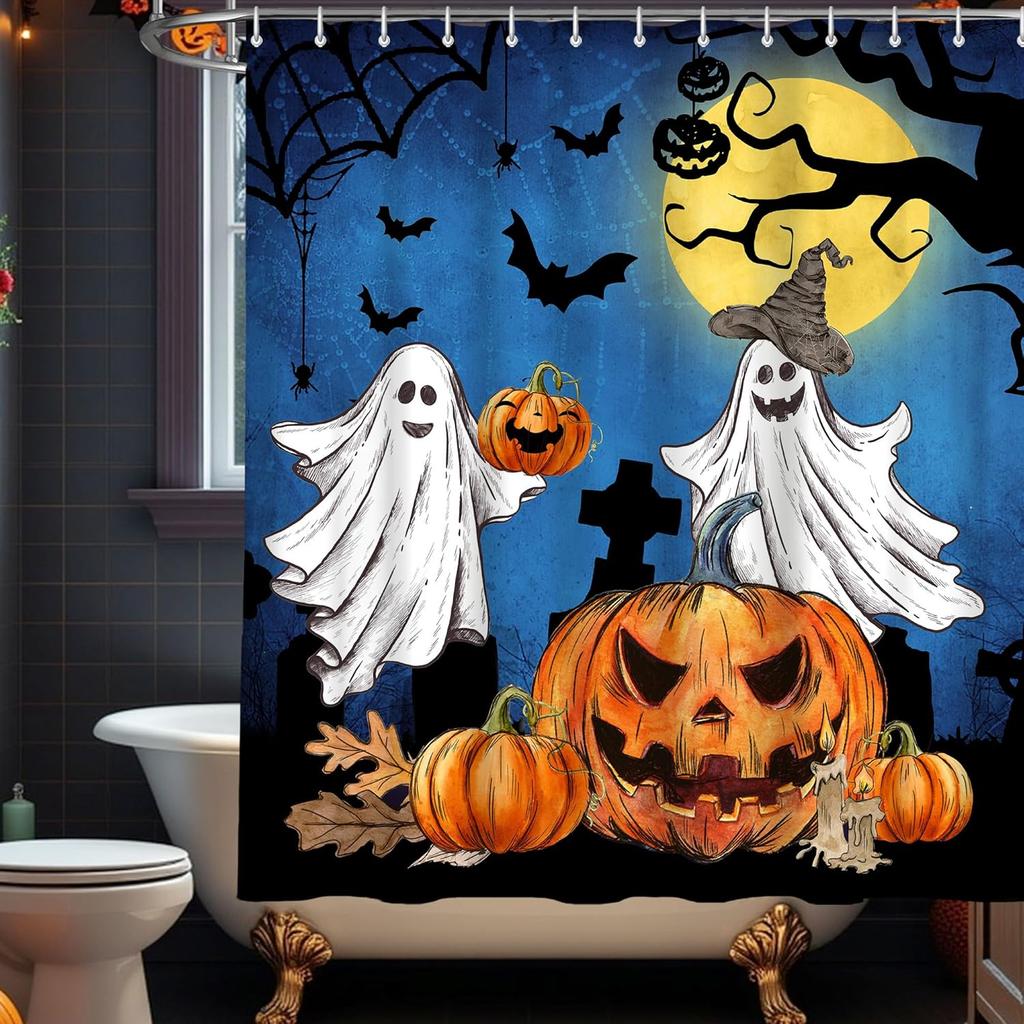 Halloween Shower Curtain Set, Halloween Bathroom Set 4, Bathroom Decor Sets With Shower Curtain And Rugs Accessories, Ghost