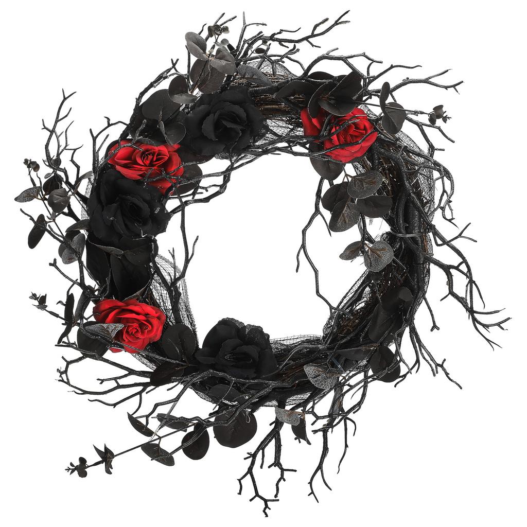 Spooky Flower Wreath for Front Door 17.7 Inch Artificial Black and Red Roses Wreath for Indoor Outdoor Holiday Party