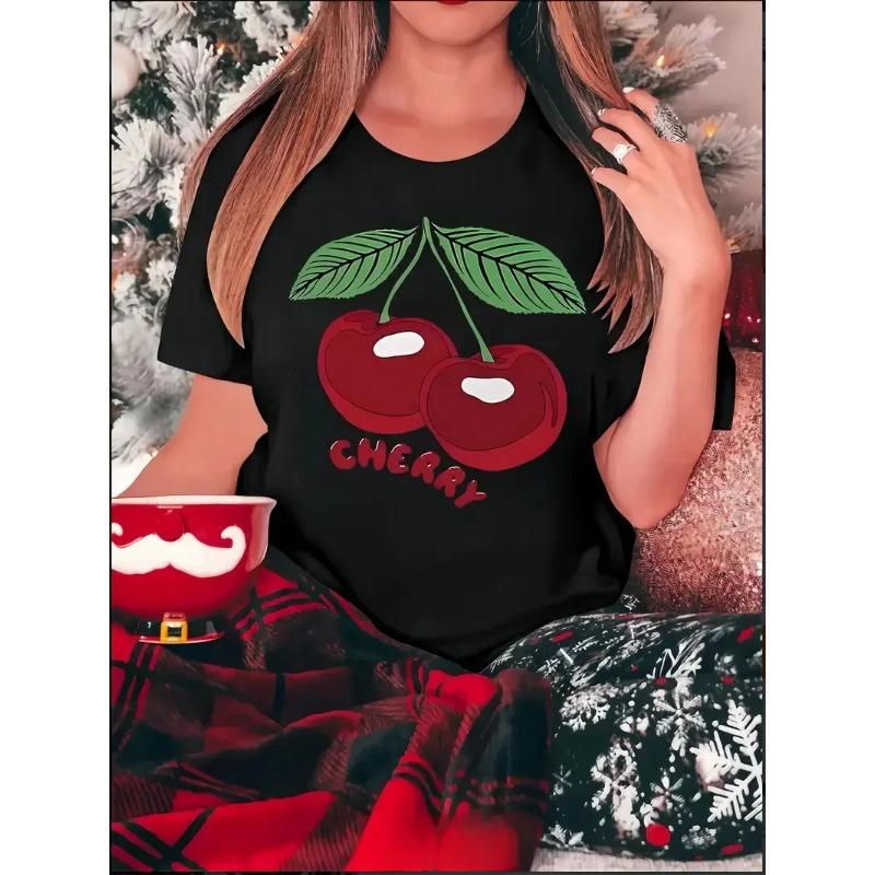Summer Round Neck 3D Cherry Print Top Fashionable Casual Short Sleeved Women's T-shirts