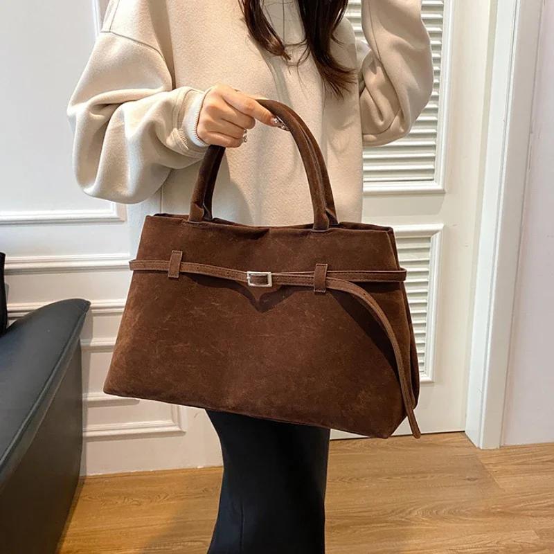 Buckle Decorative Design Solid Color Imitation Suede Handbag Large Capacity Buckle Casual Tote Bag For Women