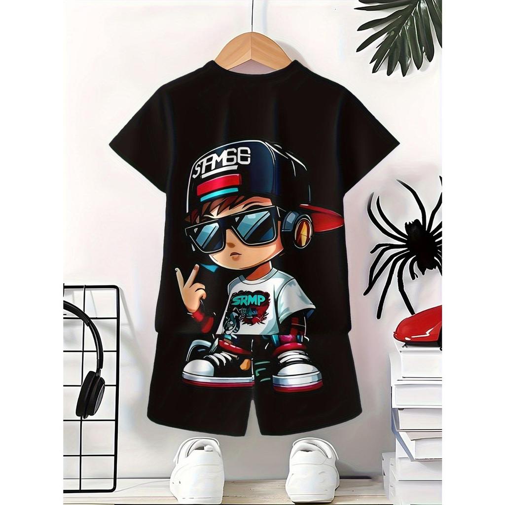 New summer set for teenagers, cool and handsome boy print, casual pullover, boy T-shirt shorts set