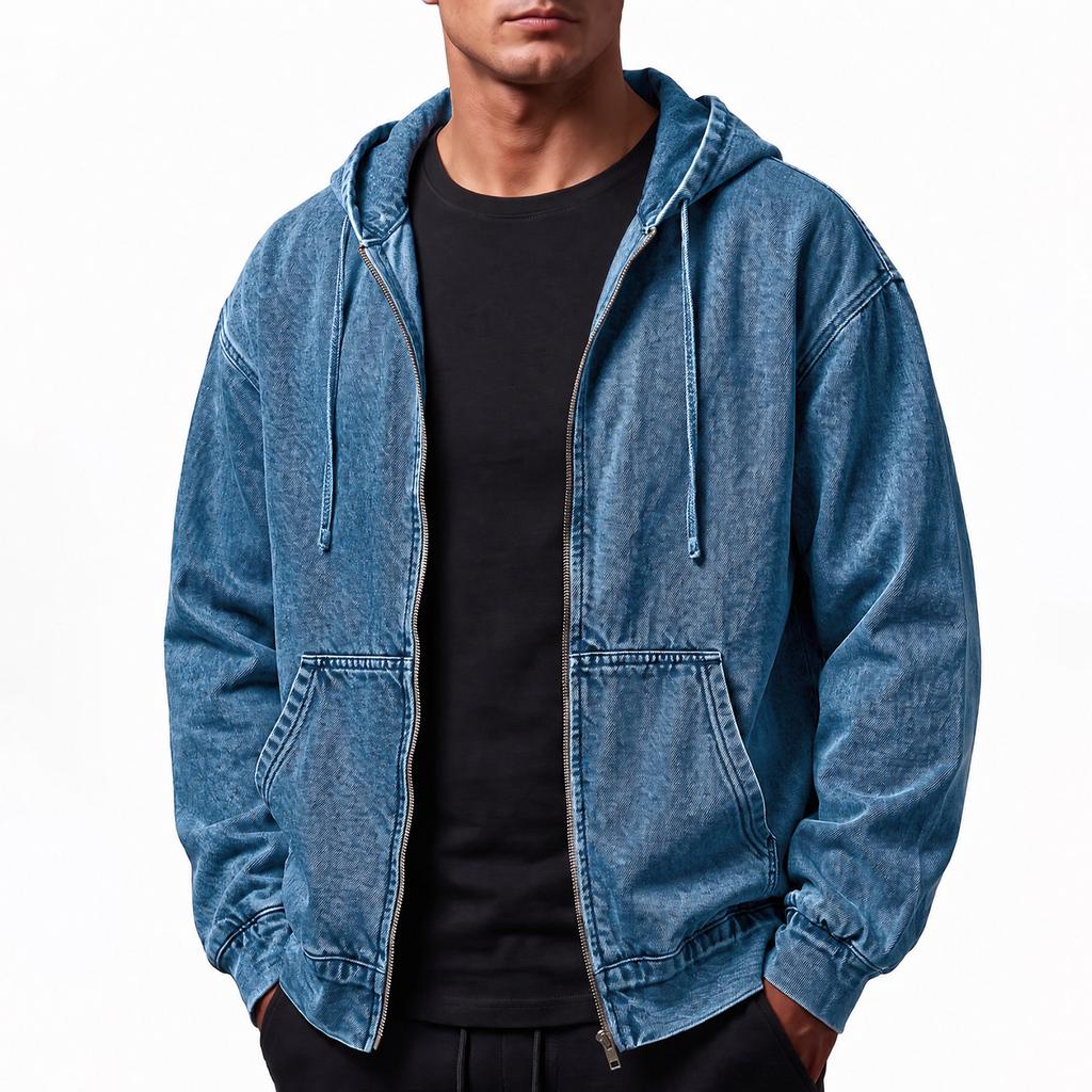 Men's Casual Full Zip Hooded Denim Jacket for Everyday Wear and Outdoor Activities