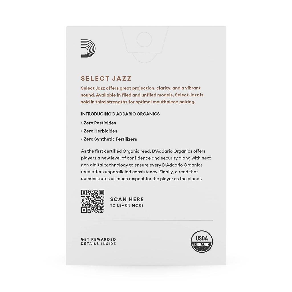 WoodWinds Select Jazz Unfiled Reeds for Alto USDA Organic ORRS10ASX3M D'Addario Saxophone, Certified, [Hardness 3M], 10-Pack