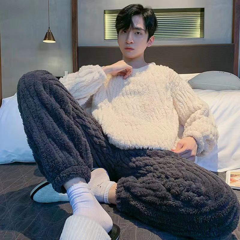 Men's Thick Coral Fleece Round Neck Pajama Set - Flannel, Autumn/Winter, Youth, Large Sizes, Fashionable Homewear