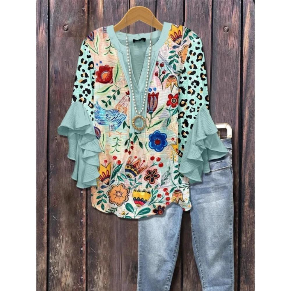 Large Women's Bohemian V-neck Shirt with Ruffle Sleeves, Grey Brown Floral Print Top, Casual Breathable Machine Washable Pullover