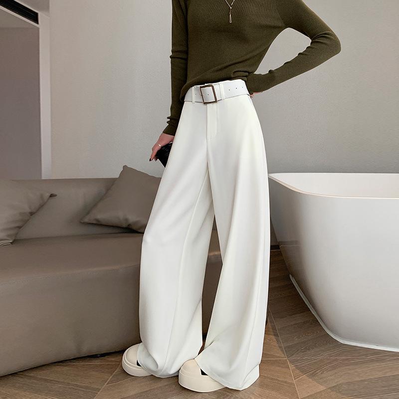 Women's Retro Minimalist Wide-Leg Khaki Suit Pants with Old Money Style Leather Belt