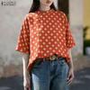 Women Casual Stand Collar Loose Half Sleeve Polka Dot Print Blouse