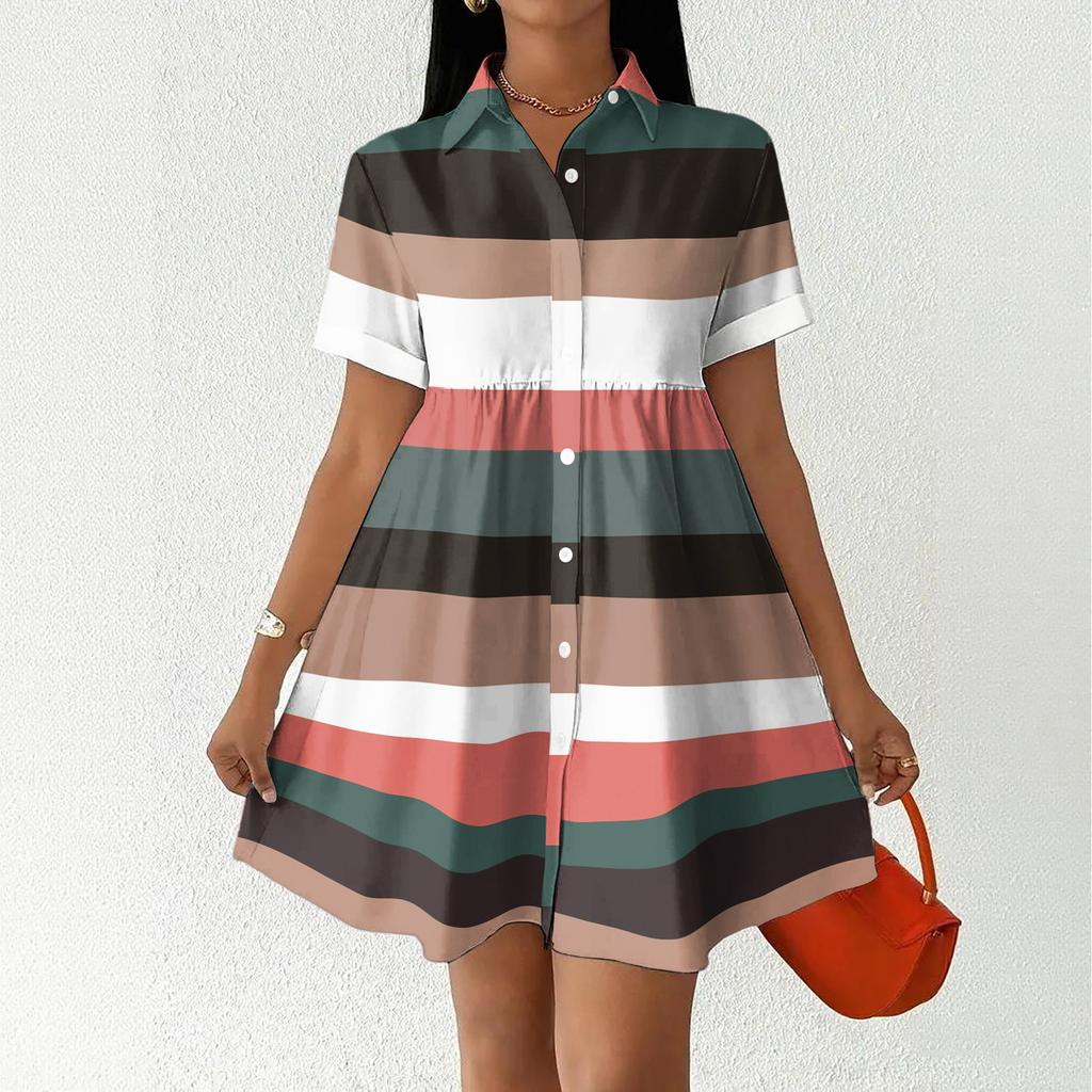 Women Loose Fit Shirt Dress Button Front Stand Collar Short Sleeve Casual Dress with Stripe Print for Daily Wear