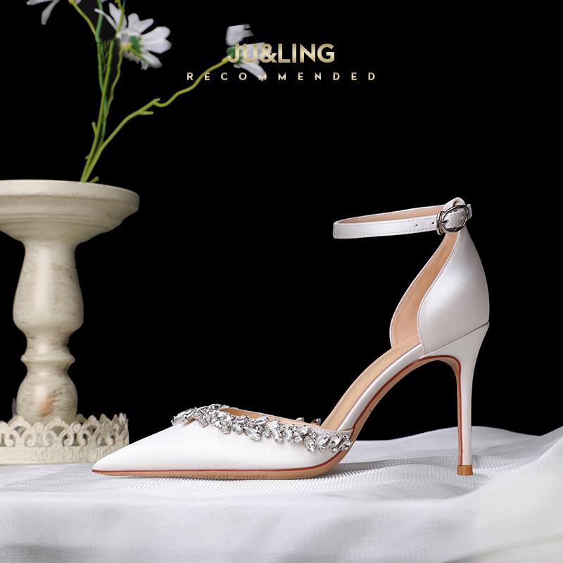 Fashion White Silk Rhinestone Pointed High-heeled Shoes, New Rhinestone Wedding Shoes, Bride's Shoes, One Piece with Toe Cap Sandals