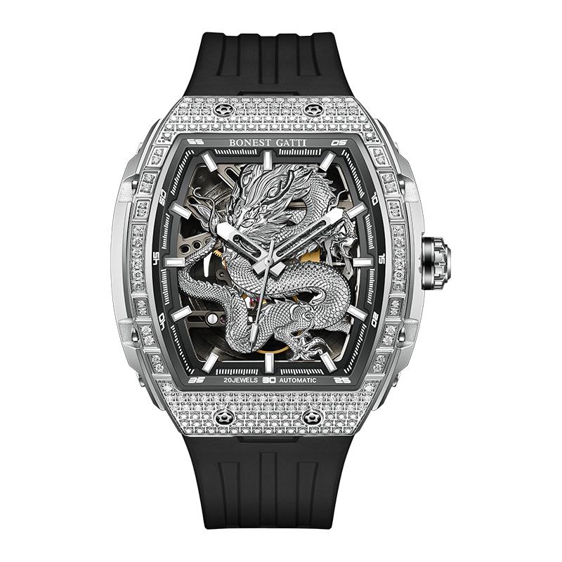 BONEST GATTI Men Fashion Automatic Mechanical Watches Rubber Strap Dragon Dial Luminous Classic Wristwatch for Men