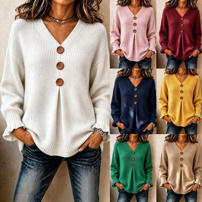 Womens V-Neck Button-Up Knit Sweater Loose Fit Long Sleeve Solid Color Winter 2026