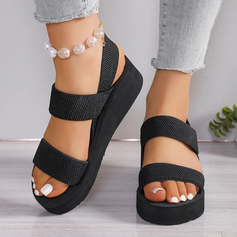 Fashion Black Elastic Band Wedge Sandals for Women Summer 2025 Lightweight Non Slip Beach Shoes Woman Plus Size Fashion Platform Sandals