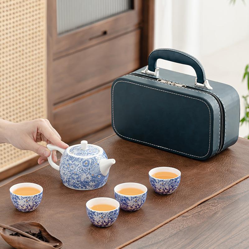 Travel tea set, flowering Ru kiln kung fu, one pot and multiple cups, portable express cup, outdoor tea maker, souvenir