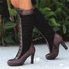 Fashion Women's Round Toe Knee High Boots Leather Lace Hollow Out Punk Lace-Up Steampunk High Heel Shoes Plus Size 34-50 White Red Black