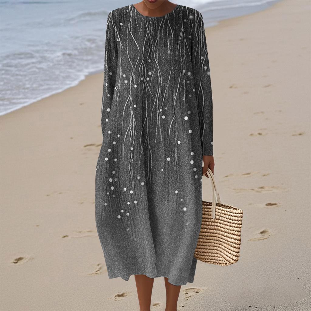 Women's Fashionable Casual Long-Sleeved Round Neck Floral Print Zipper Dress