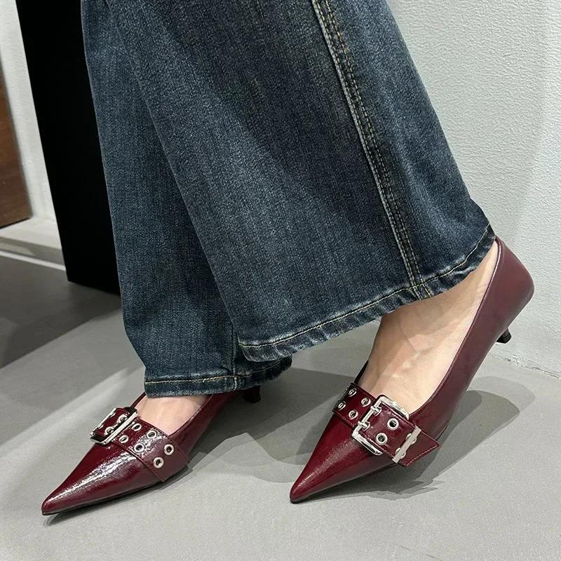 Fashion Metal Buckle Strap Design Women Pumps Sexy Pointed Toe Low Heel Muels Shoes High Quality Leather Heels Zapatos De Mujer