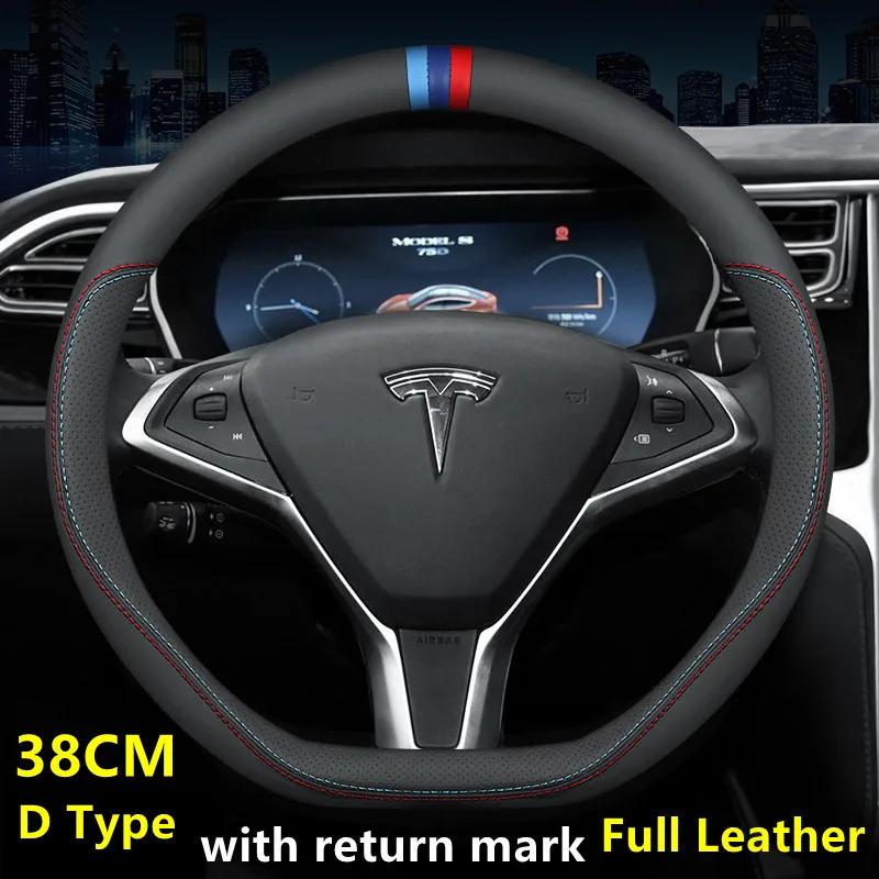 Nappa Leather Car Steering Wheel Cover For Tesla Model 3 Y S X 2019 - 2025 4 Seasons 36-38 CM Black Auto Interior Accessories