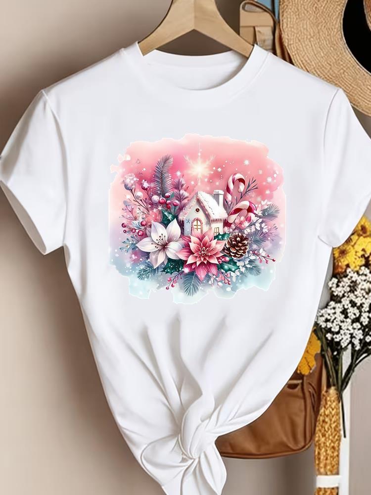 (Asian Size) Trend Lovely New Year Clothing T Shirt Women Fashion Christmas Festival Tee Top Print Female Woman Short Sleeve Graphic T-shirts
