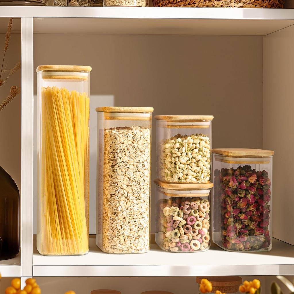 Rectangle Clear Storage Jars with Bamboo Lids For Sugar Coffee Pantry Organizer Container for Pasta Tea Candy Nuts