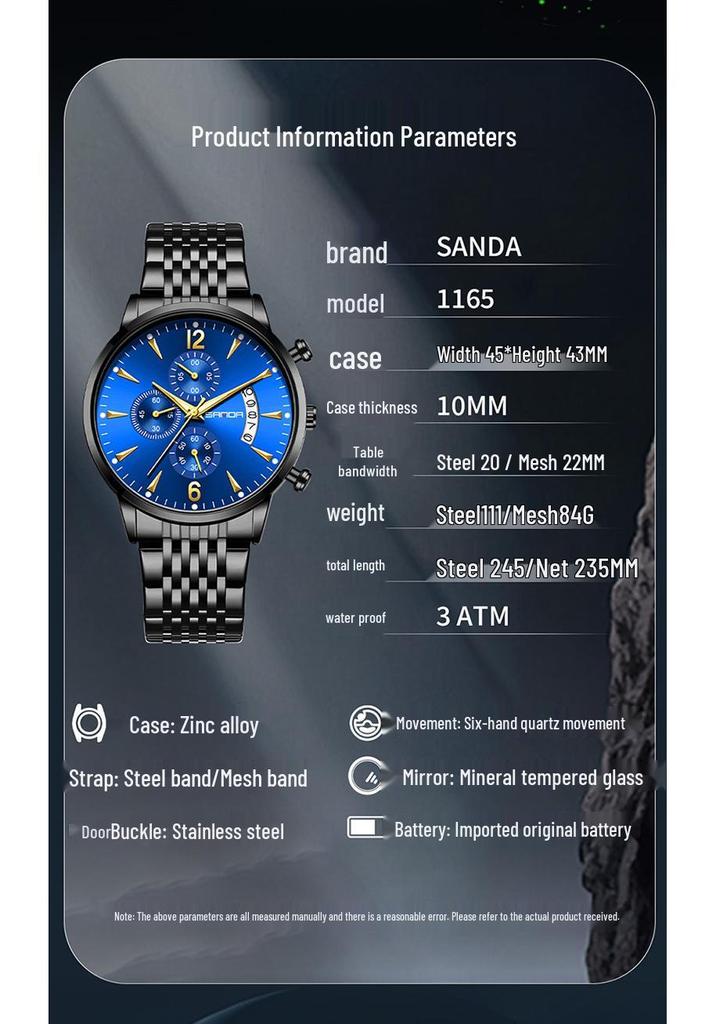 Sanda Men's Luminous Waterproof Calendar Watch - Casual Business Quartz Wristwatch with Three-Eye Six-Hand Design