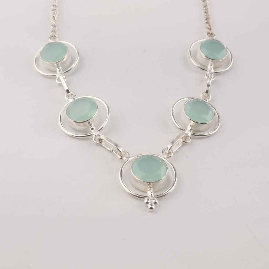Collana Pietra Dura Calcedonio Azzurro, Collana Fatta a Mano in Argento Sterling 925, Elegante Collana da Sposa RN-2-18