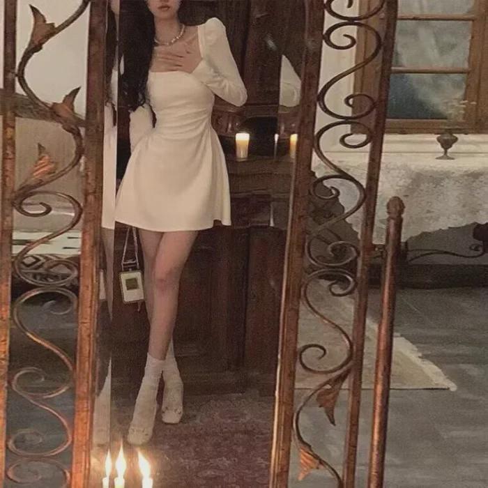 Elegantní francouzské šaty s čtvercovým výstřihem - Dámské podzim 2023 zeštíhlující pas s dlouhým rukávem