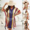 Plus Size Women's Color Contrast Patchwork Woven Hollow Beach Bikini Smock Dress Lace Up