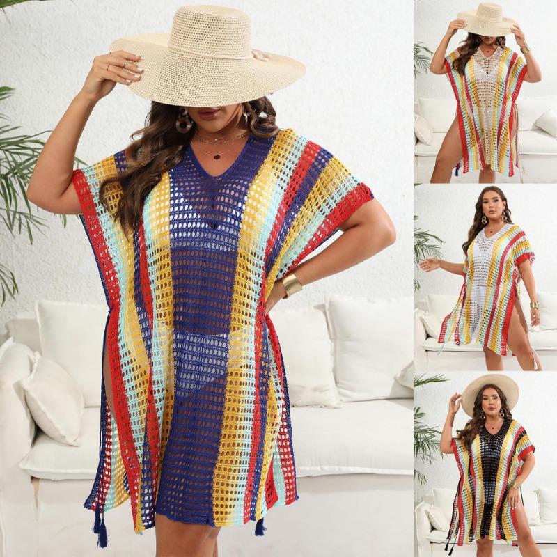 Plus Size Women's Color Contrast Patchwork Woven Hollow Beach Bikini Smock Dress Lace Up