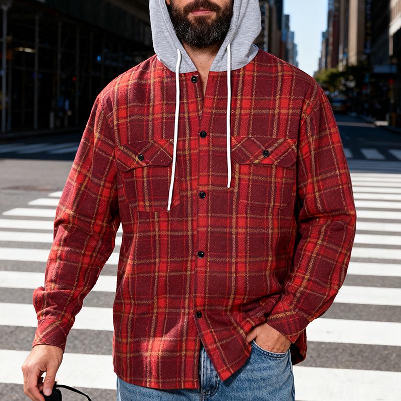 TikTok Men's Plaid Hooded Shirt Jacket - Casual Hip Hop Style for Spring & Autumn