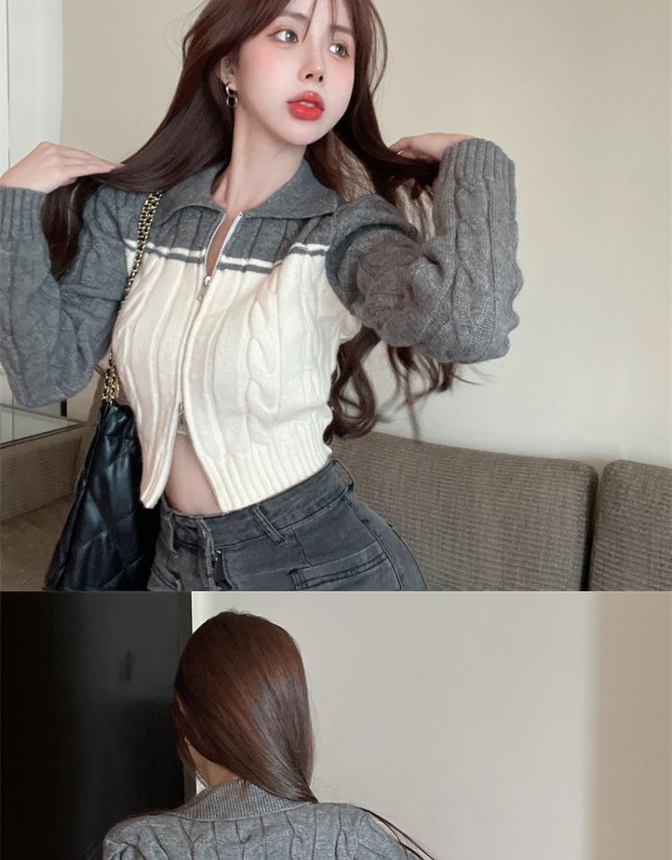 Spicy Girl Polo Collar Cropped Knit Cardigan Sweater - Women's Autumn Long Sleeve Slit Top