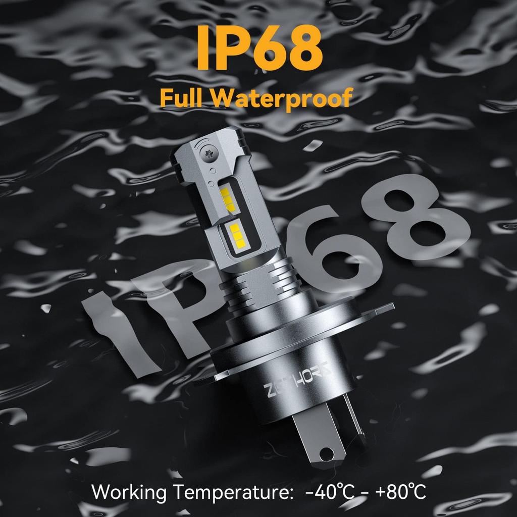 Reflektor LED Zethors H4, Hi/Lo do samochodów, Wysoka jasność, 6000K, 3x Jasność, Biały, Bezprzewodowy,