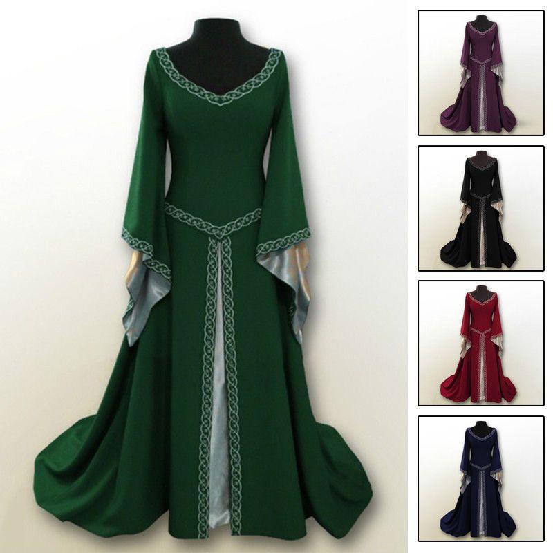 Luxurious Long Bell Sleeve Medieval Renaissance Women's Vintage Gown Dress For Cosplay