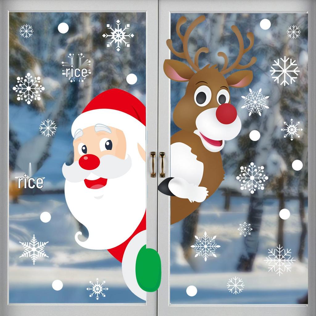 Weihnachtsmann, Schneemann, Rentier & Schneeflocke Elektrostatische Fensteraufkleber