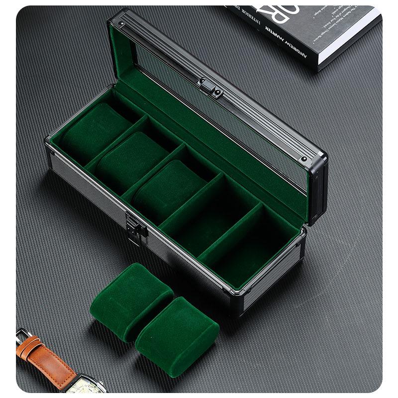 Aluminum Alloy Watch Box with Transparent Lid, 5 Slots, Multiple Colors
