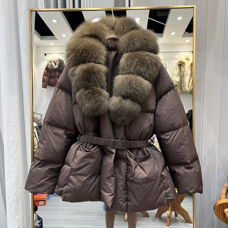 Jachetă de iarnă nouă, de lux, cu guler din blană naturală de vulpe, cu puf, pentru femei, de lungime medie și lungă, îngroșată, călduroasă
