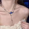 Blue Zircon Butterfly Tassel Necklace New Imitation Pearl Chain Y2K Design Creative Popular Collarbone Chain Women's Jewelry