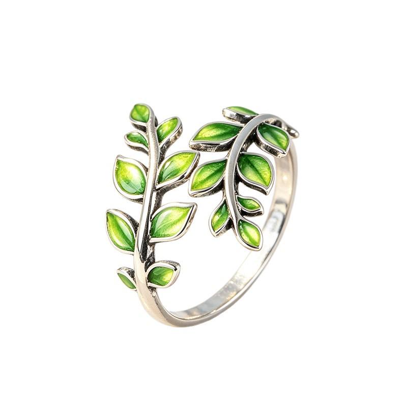 Artistic Retro Blue-enameled Green Leaf Open Ring