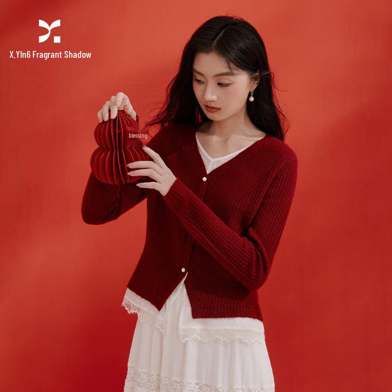 Women s Red Lace Spliced V-Neck Knit Sweater XL