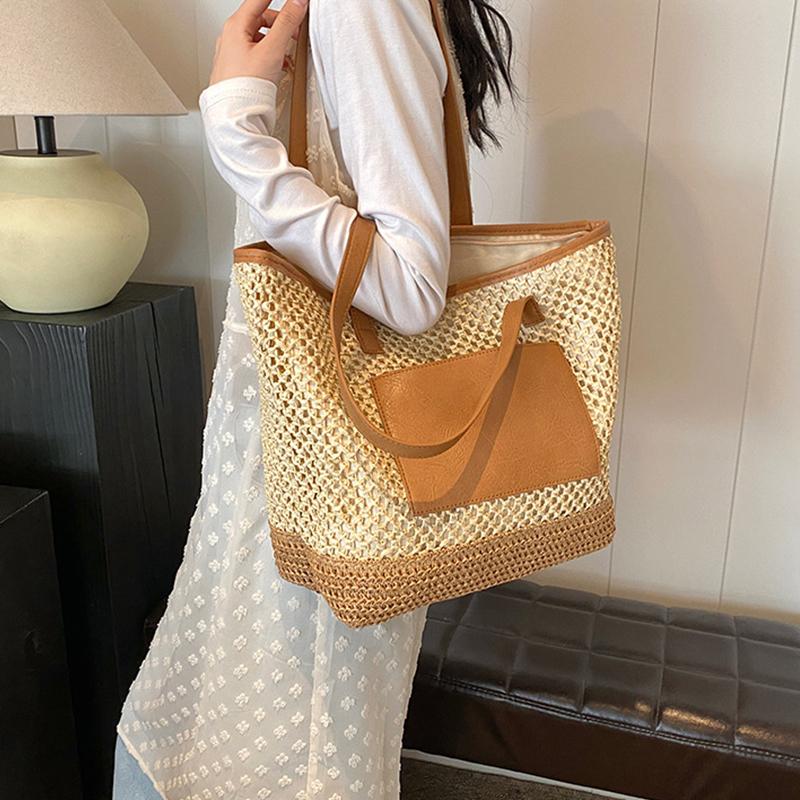 Women Crochet Beach Handbag PU Patchwork Weaving Travel Bag Contrast Color Simple Shoulder Bag Ladies Summer Daily Bag