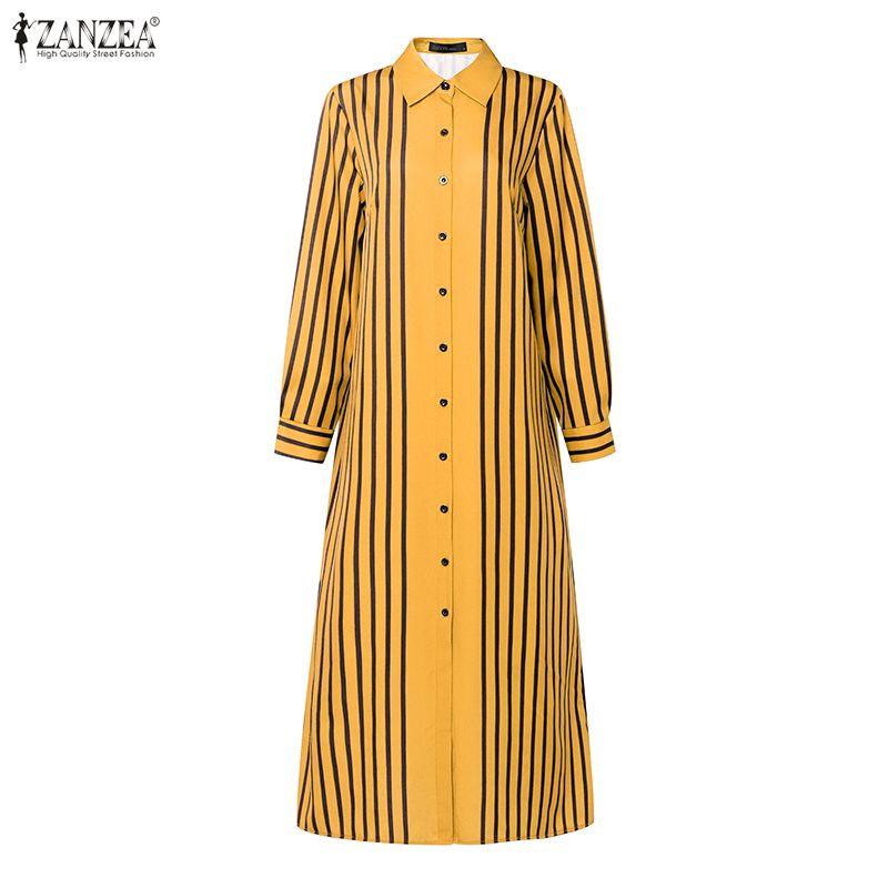ZANZEA Women Casual Turn Down Collar Long Sleeve Stripe Dress