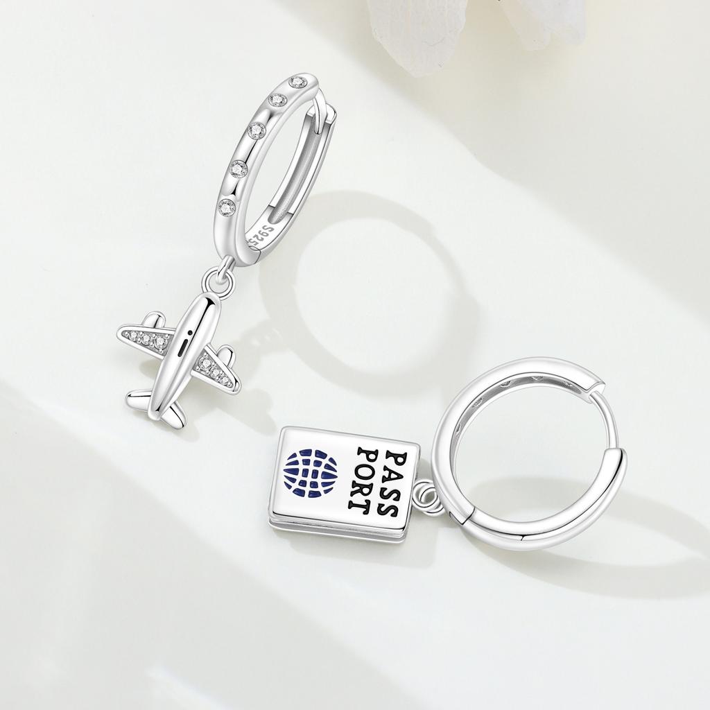 Original S925 Sterling Silver Travel Life Elements Airplane Passport Earrings for Women's Fashion Party Jewelry Gift Ear Loops
