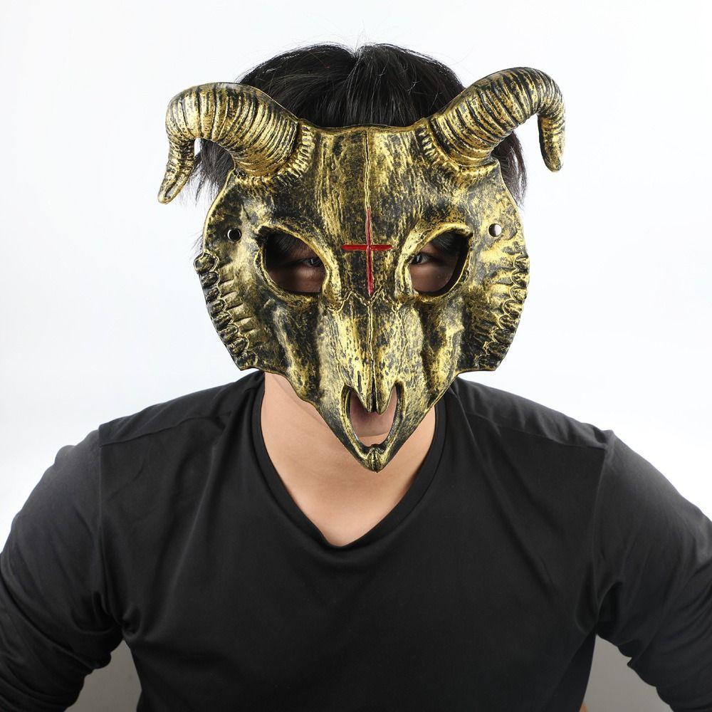 Antelope Halloween Mask PU Leather Goat Horn Mask Gothic Halloween Bloody Skull Mask Costume Props