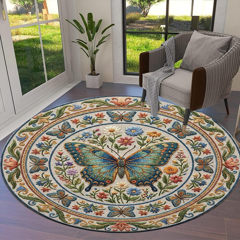 Tappeto Rotondo Retrò con Farfalle, Tappeto per Soggiorno Camera da Letto Divano Sala Giochi Decorazione, Tappetino Antiscivolo 86