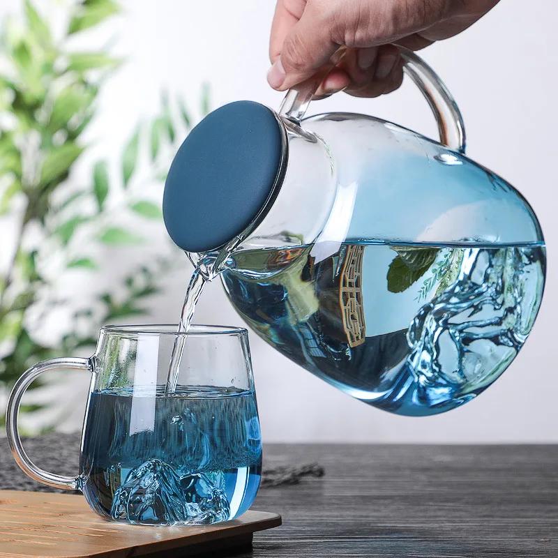 1800ml Glass Cold Water Bottle With Handle Fruit Tea Mug Kettle Mountain Design High Temperature Heatable Fine Jug Gradient Color for Home