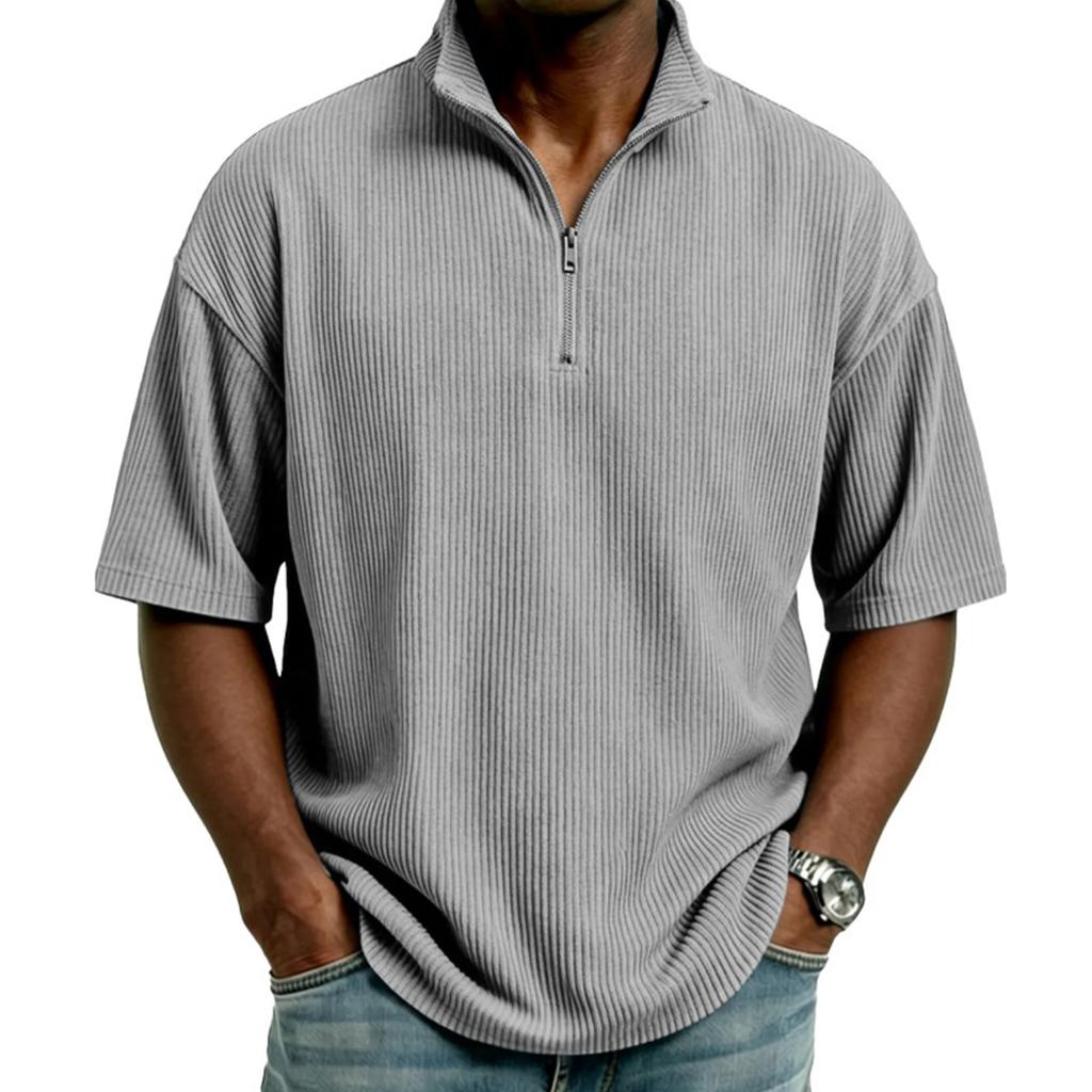 Men's Half,zip T,shirt, Corduroy Short,sleeved Shirt, Summer Loose Casual Color Top