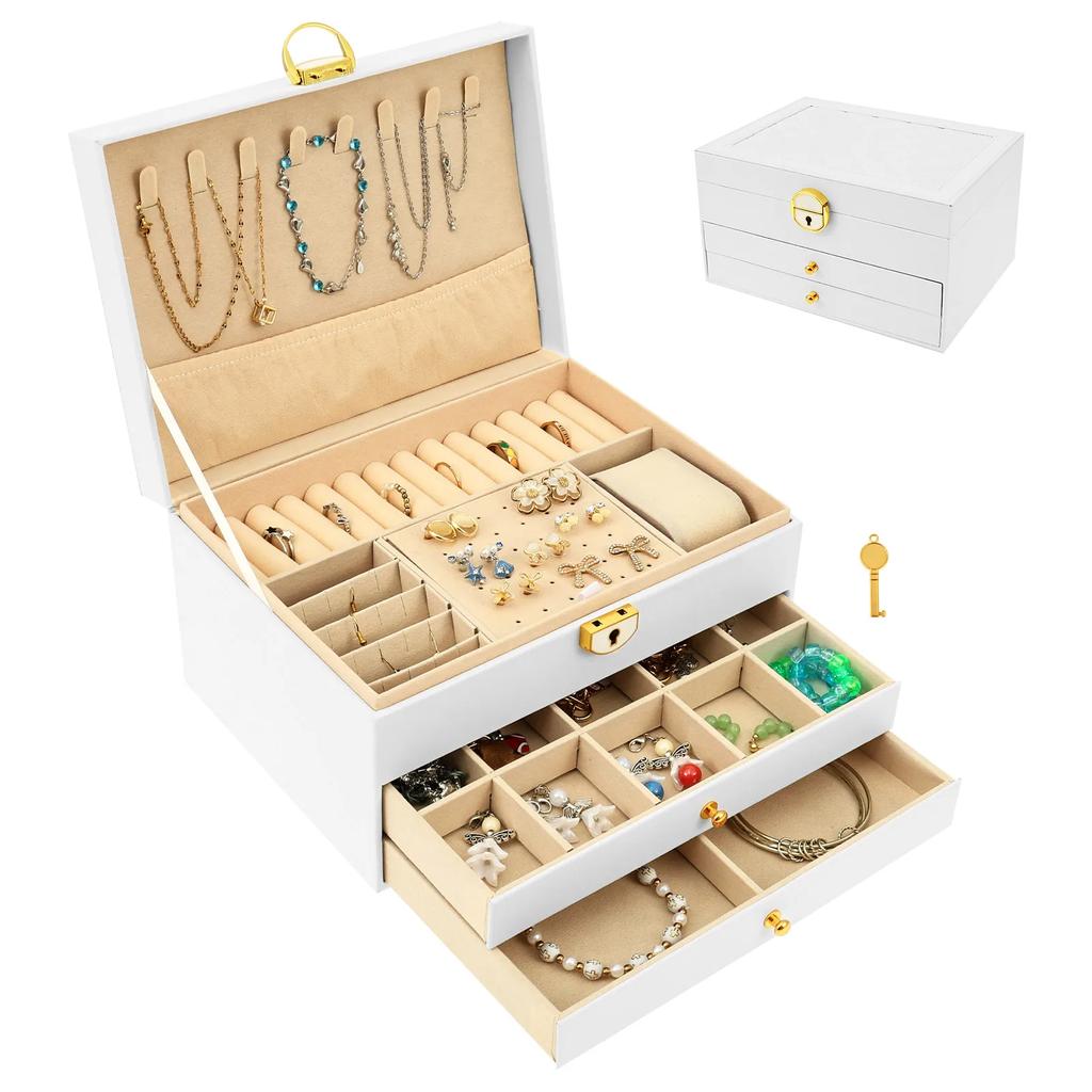 3 Layers Jewelry Box with 2 Drawers PU Leather Jewelry Storage Case Ideal for Necklace Bracelet Ring and Earring Organizer