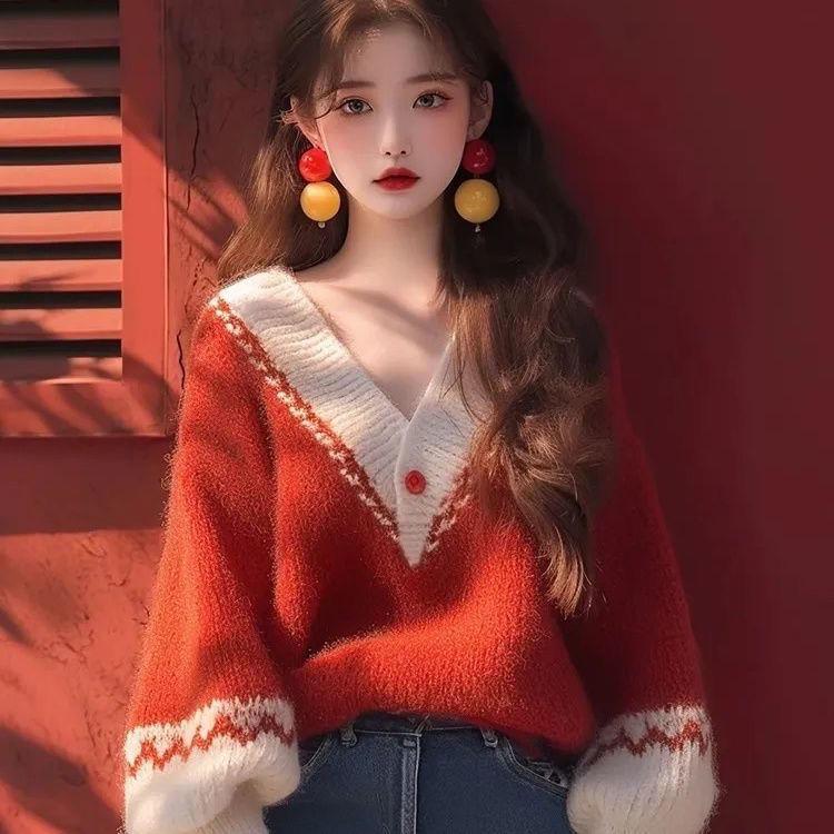 

Women s Red V-Neck Lantern Sleeve Knit Sweater - Soft, Large, Anti-Pill, New Autumn Collection XL 115-125