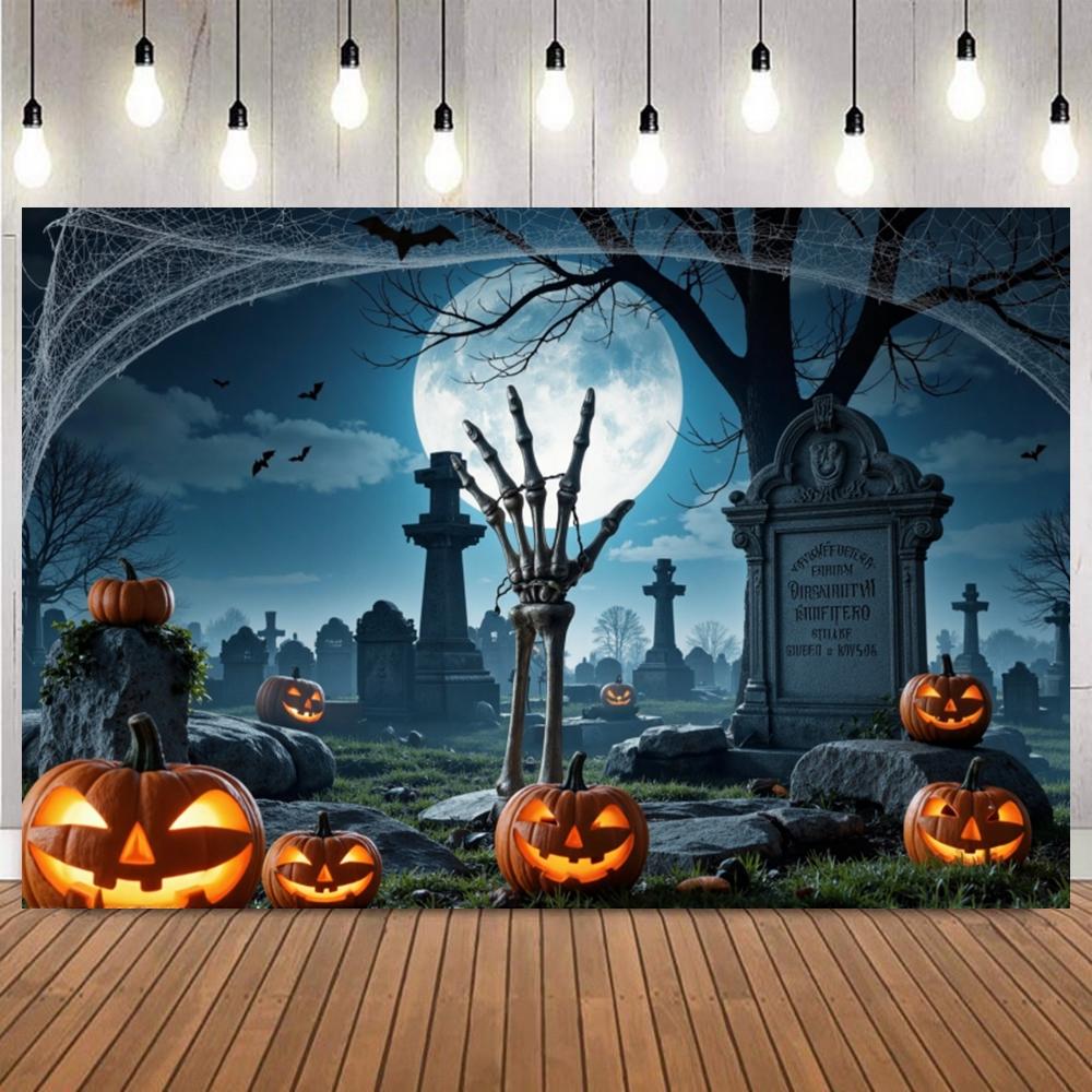 Halloween Full Moon Night Background Photography Gothic Tombstone Zombie Hand Pumpkin Lantern Spider Web Skull Photo Backdrop40