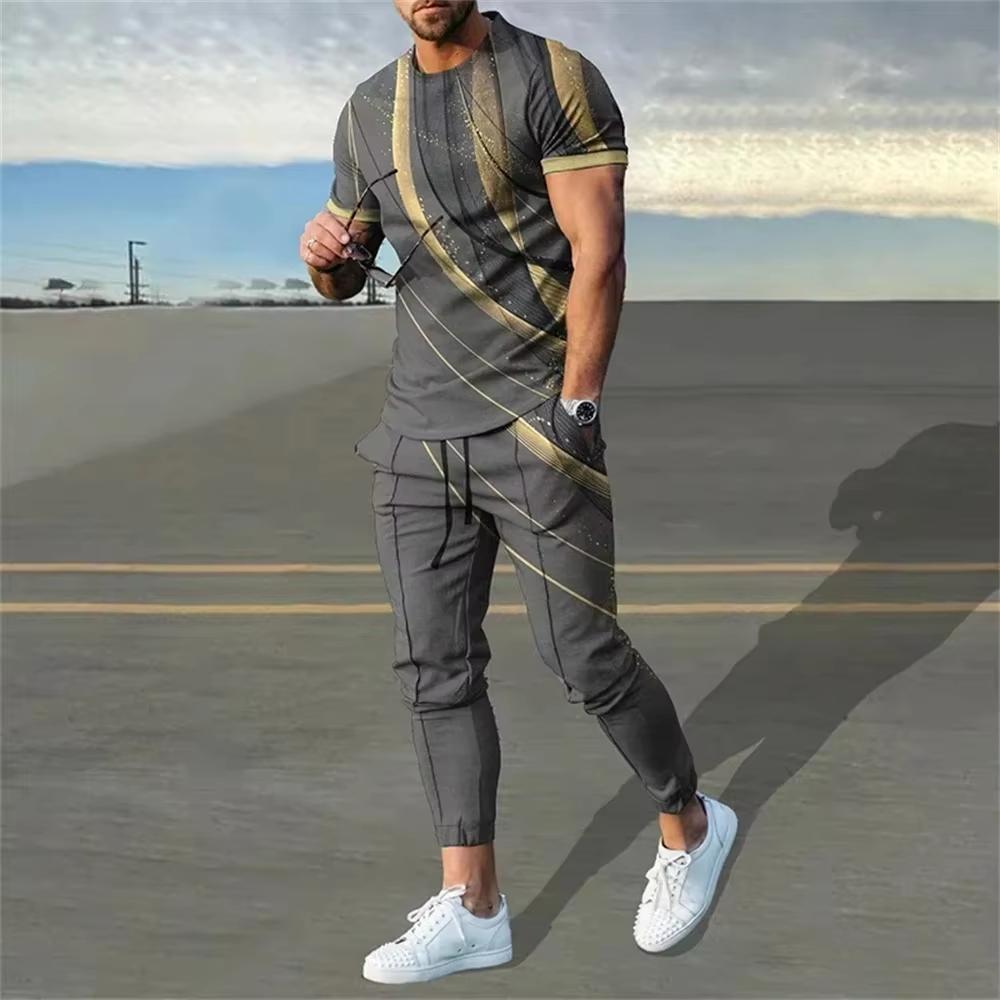 Heißer Verkauf Sommer 3D-gedruckt Herren Kurzarm T-Shirt Hosen Set Mann Kurzarm Lange Hose Set Retro Lässig Herren T-Shirt Hosen Anzug